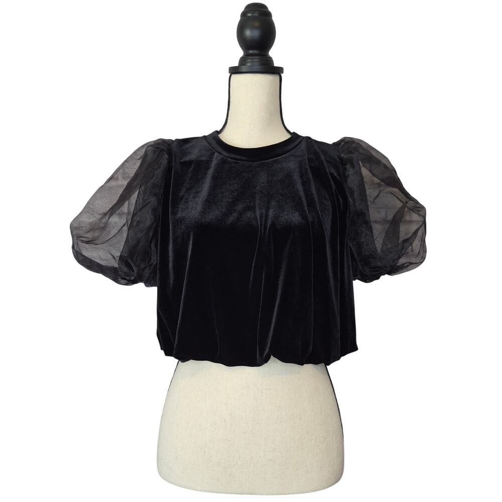 Maeve Anthropologie Black Velvet Blouse Sheer Organza Short Puff Sleeve Top Sz S